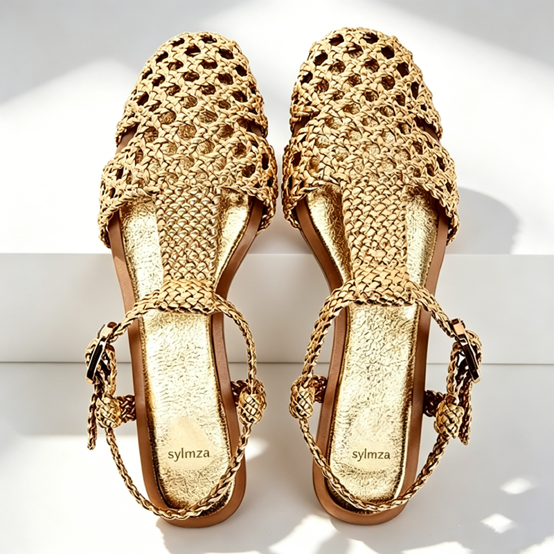 Golden Mesh Woven Flat Sandals - Mesh Strap Metal incelemesi ve fiyatı